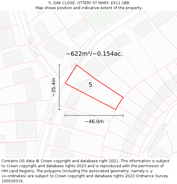 5, OAK CLOSE, OTTERY ST MARY, EX11 1BB: Plot and title map