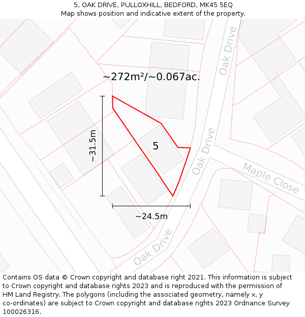 5, OAK DRIVE, PULLOXHILL, BEDFORD, MK45 5EQ: Plot and title map