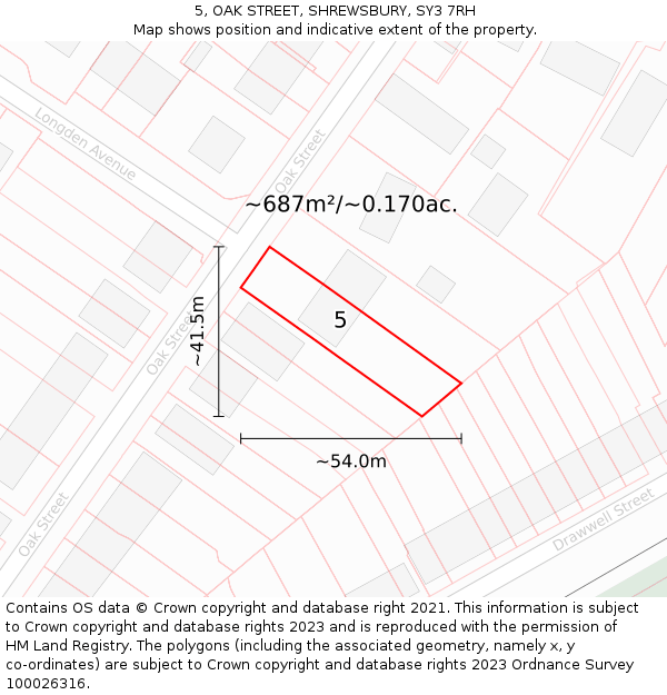 5, OAK STREET, SHREWSBURY, SY3 7RH: Plot and title map