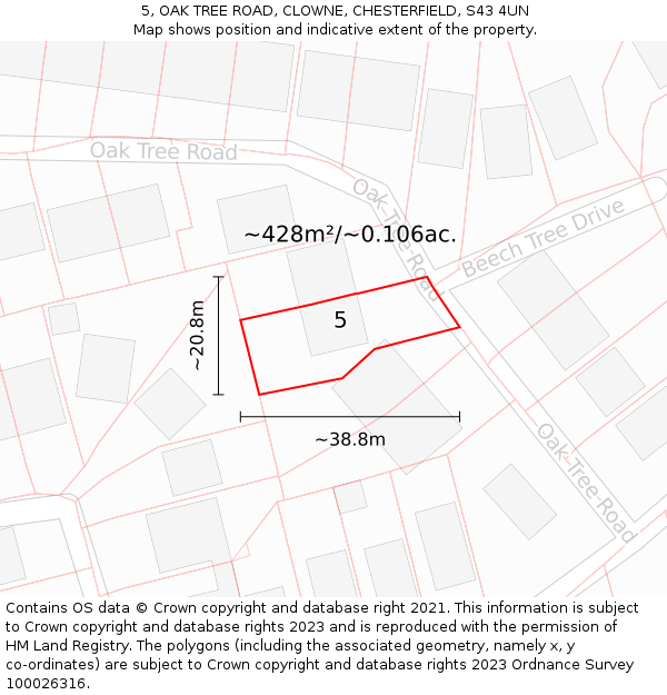 5, OAK TREE ROAD, CLOWNE, CHESTERFIELD, S43 4UN: Plot and title map
