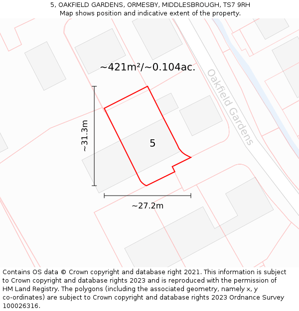 5, OAKFIELD GARDENS, ORMESBY, MIDDLESBROUGH, TS7 9RH: Plot and title map