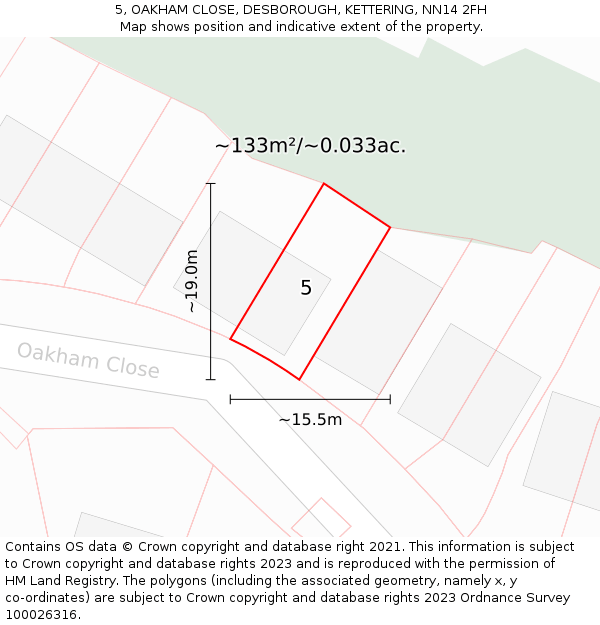 5, OAKHAM CLOSE, DESBOROUGH, KETTERING, NN14 2FH: Plot and title map