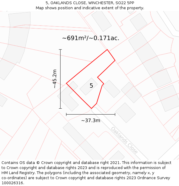 5, OAKLANDS CLOSE, WINCHESTER, SO22 5PP: Plot and title map