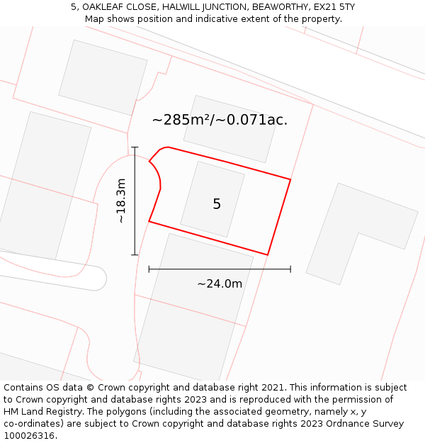 5, OAKLEAF CLOSE, HALWILL JUNCTION, BEAWORTHY, EX21 5TY: Plot and title map