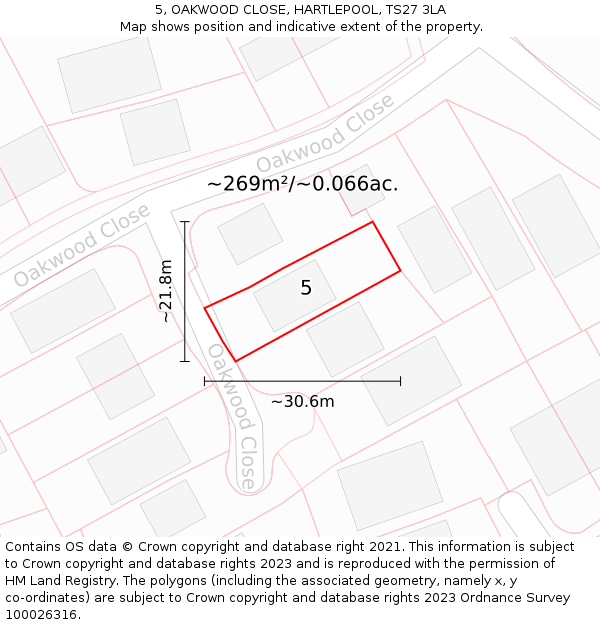 5, OAKWOOD CLOSE, HARTLEPOOL, TS27 3LA: Plot and title map