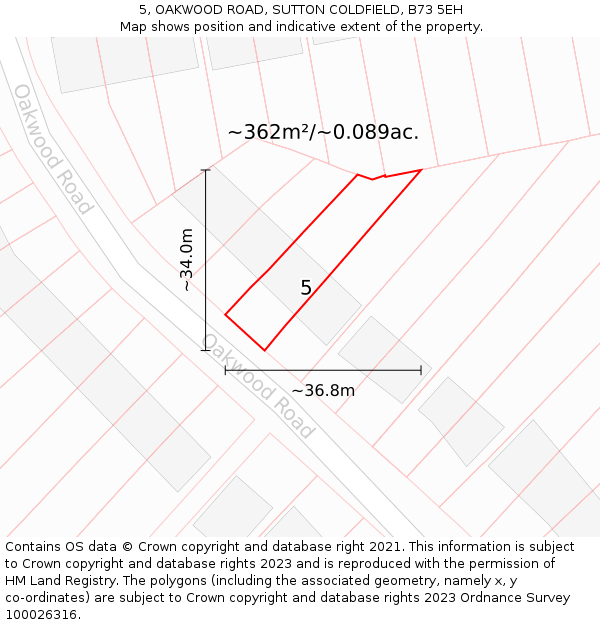 5, OAKWOOD ROAD, SUTTON COLDFIELD, B73 5EH: Plot and title map