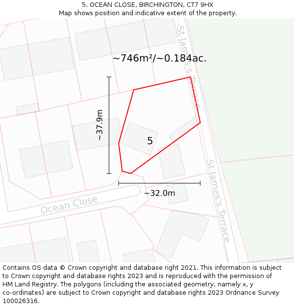 5, OCEAN CLOSE, BIRCHINGTON, CT7 9HX: Plot and title map