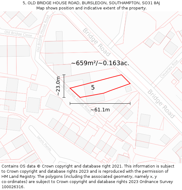5, OLD BRIDGE HOUSE ROAD, BURSLEDON, SOUTHAMPTON, SO31 8AJ: Plot and title map