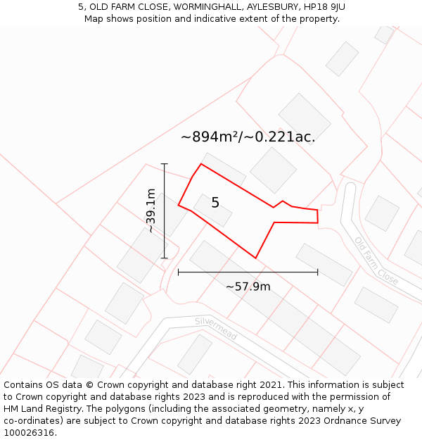 5, OLD FARM CLOSE, WORMINGHALL, AYLESBURY, HP18 9JU: Plot and title map