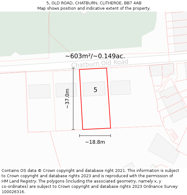 5, OLD ROAD, CHATBURN, CLITHEROE, BB7 4AB: Plot and title map