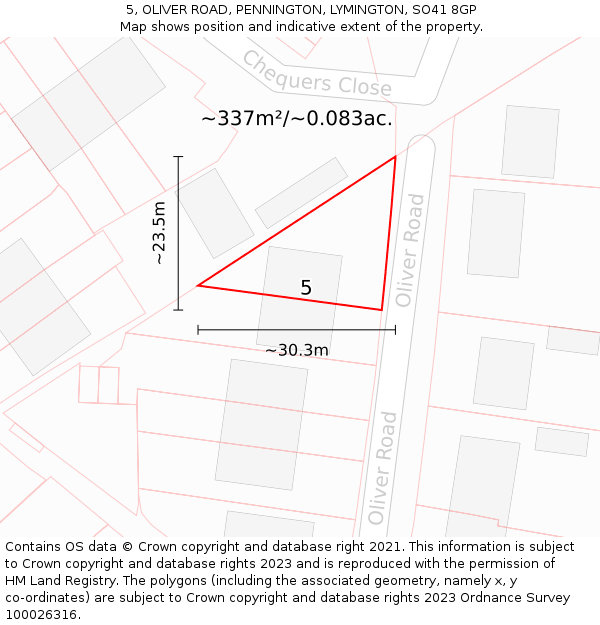 5, OLIVER ROAD, PENNINGTON, LYMINGTON, SO41 8GP: Plot and title map