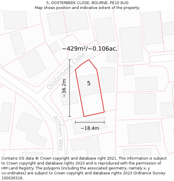 5, OOSTERBEEK CLOSE, BOURNE, PE10 9UG: Plot and title map