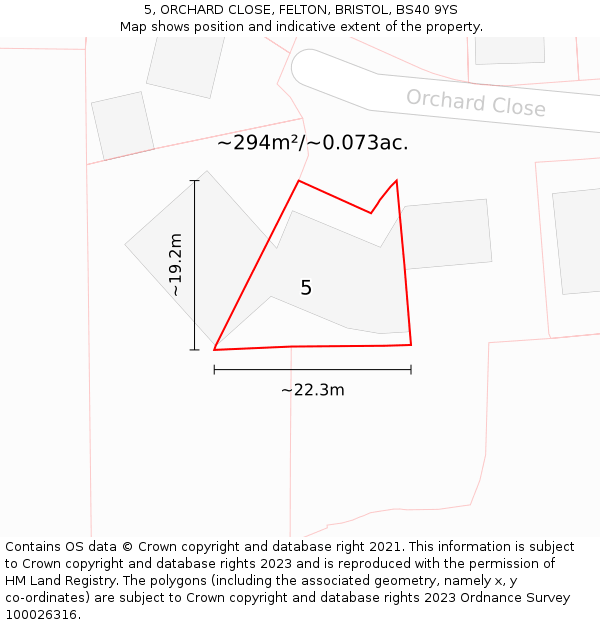 5, ORCHARD CLOSE, FELTON, BRISTOL, BS40 9YS: Plot and title map