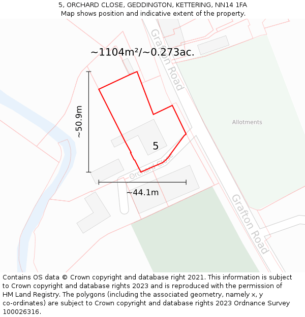 5, ORCHARD CLOSE, GEDDINGTON, KETTERING, NN14 1FA: Plot and title map