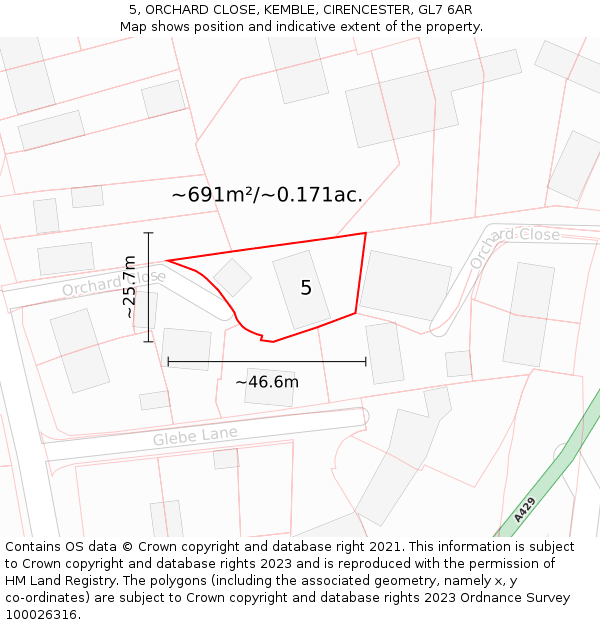 5, ORCHARD CLOSE, KEMBLE, CIRENCESTER, GL7 6AR: Plot and title map