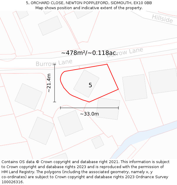 5, ORCHARD CLOSE, NEWTON POPPLEFORD, SIDMOUTH, EX10 0BB: Plot and title map