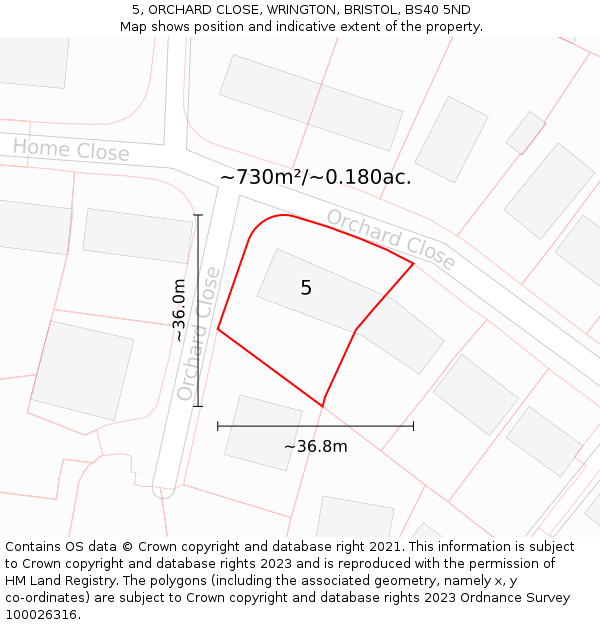 5, ORCHARD CLOSE, WRINGTON, BRISTOL, BS40 5ND: Plot and title map