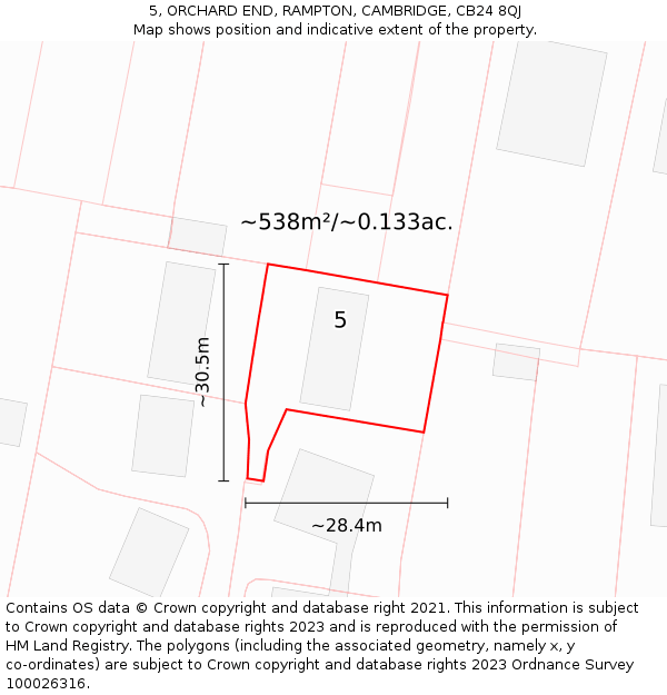 5, ORCHARD END, RAMPTON, CAMBRIDGE, CB24 8QJ: Plot and title map