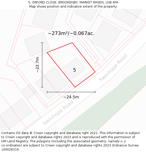 5, ORFORD CLOSE, BROOKENBY, MARKET RASEN, LN8 6FA: Plot and title map
