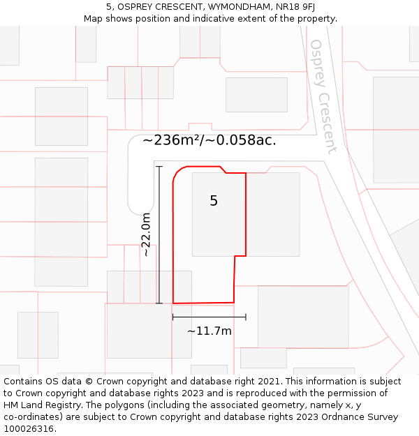 5, OSPREY CRESCENT, WYMONDHAM, NR18 9FJ: Plot and title map