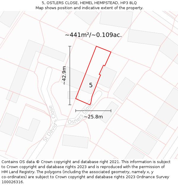 5, OSTLERS CLOSE, HEMEL HEMPSTEAD, HP3 8LQ: Plot and title map