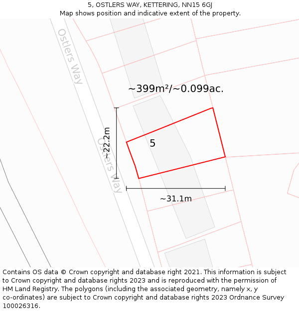 5, OSTLERS WAY, KETTERING, NN15 6GJ: Plot and title map