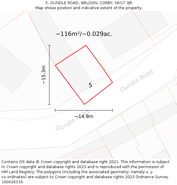 5, OUNDLE ROAD, WELDON, CORBY, NN17 3JR: Plot and title map