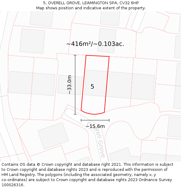 5, OVERELL GROVE, LEAMINGTON SPA, CV32 6HP: Plot and title map