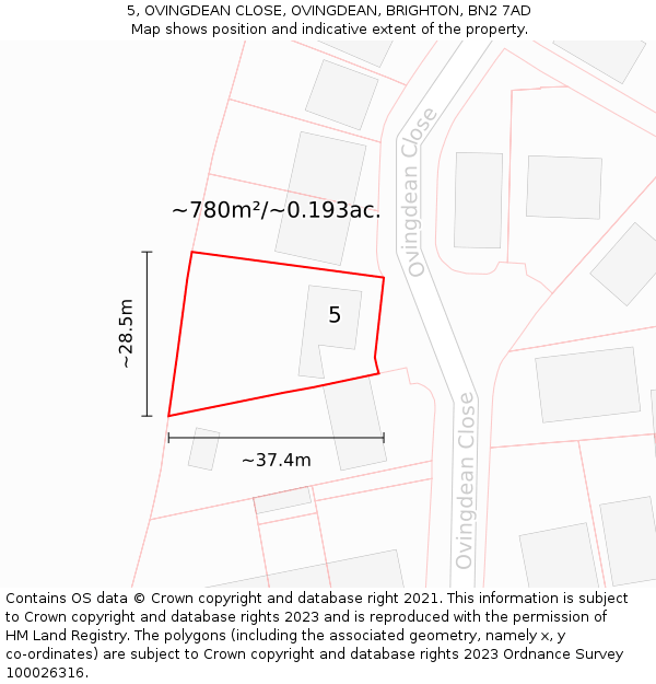 5, OVINGDEAN CLOSE, OVINGDEAN, BRIGHTON, BN2 7AD: Plot and title map