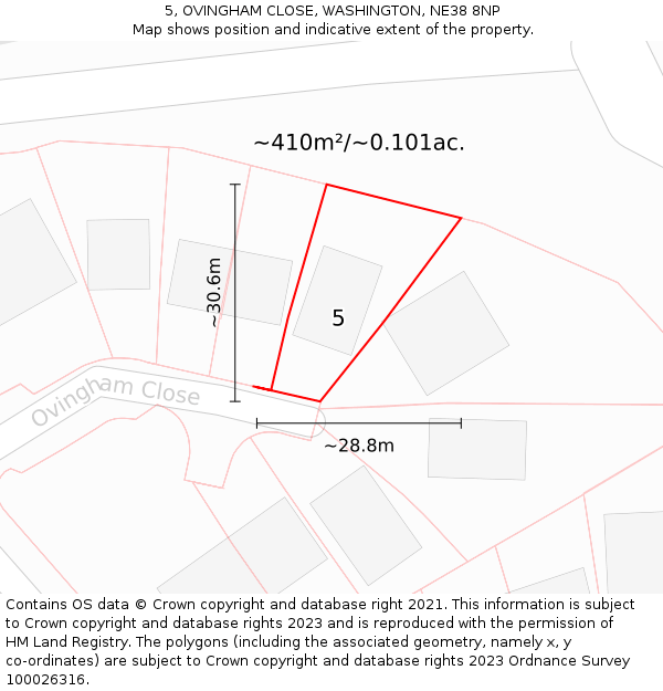5, OVINGHAM CLOSE, WASHINGTON, NE38 8NP: Plot and title map