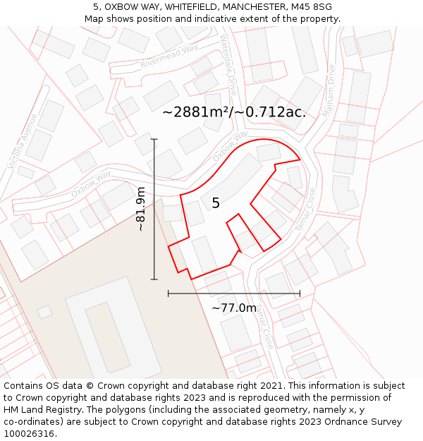 5, OXBOW WAY, WHITEFIELD, MANCHESTER, M45 8SG: Plot and title map