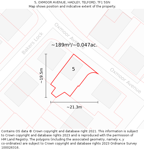 5, OXMOOR AVENUE, HADLEY, TELFORD, TF1 5SN: Plot and title map