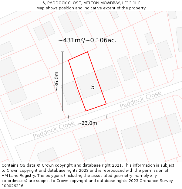 5, PADDOCK CLOSE, MELTON MOWBRAY, LE13 1HF: Plot and title map