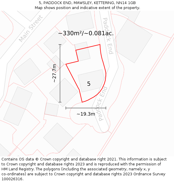 5, PADDOCK END, MAWSLEY, KETTERING, NN14 1GB: Plot and title map