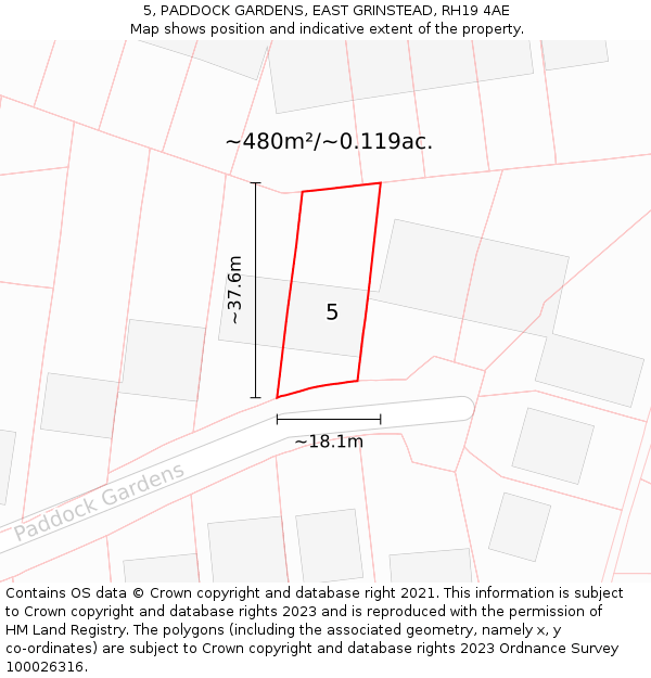 5, PADDOCK GARDENS, EAST GRINSTEAD, RH19 4AE: Plot and title map