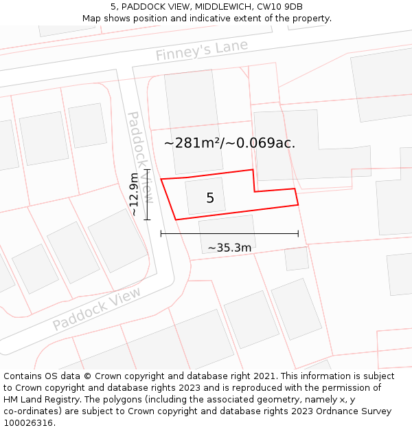 5, PADDOCK VIEW, MIDDLEWICH, CW10 9DB: Plot and title map