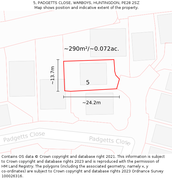5, PADGETTS CLOSE, WARBOYS, HUNTINGDON, PE28 2SZ: Plot and title map