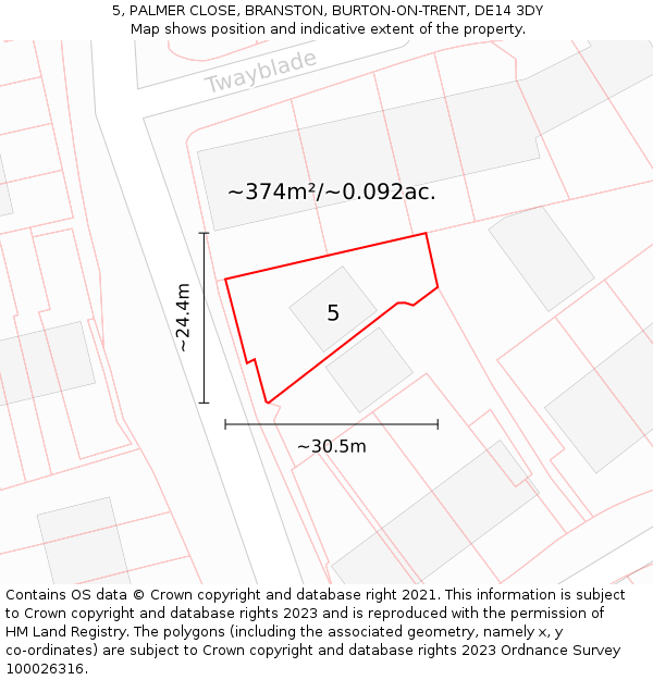 5, PALMER CLOSE, BRANSTON, BURTON-ON-TRENT, DE14 3DY: Plot and title map
