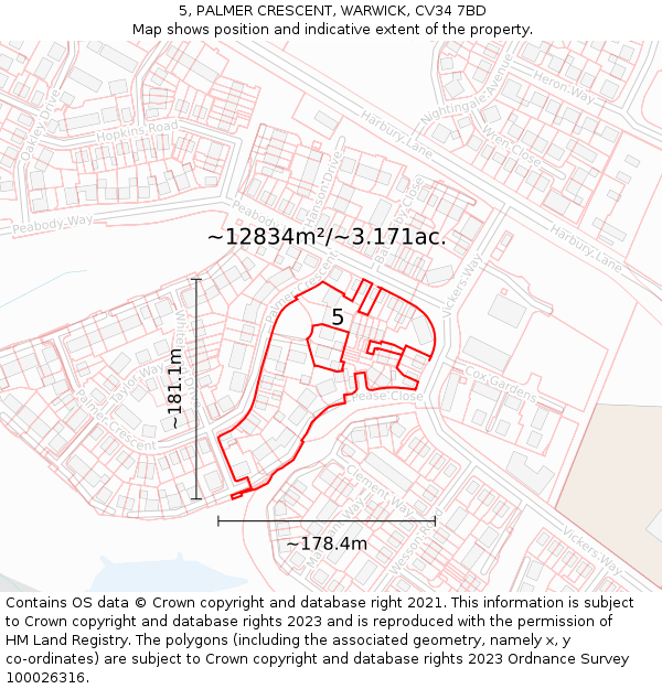 5, PALMER CRESCENT, WARWICK, CV34 7BD: Plot and title map