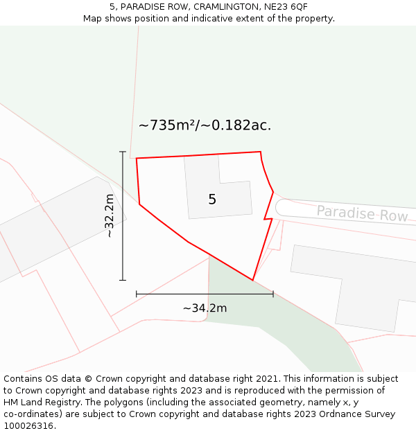 5, PARADISE ROW, CRAMLINGTON, NE23 6QF: Plot and title map
