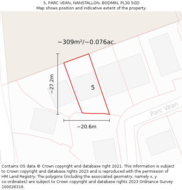 5, PARC VEAN, NANSTALLON, BODMIN, PL30 5GD: Plot and title map