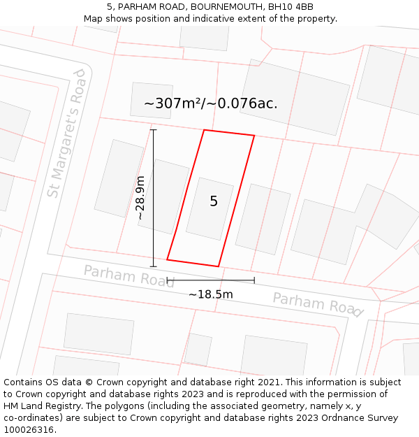 5, PARHAM ROAD, BOURNEMOUTH, BH10 4BB: Plot and title map