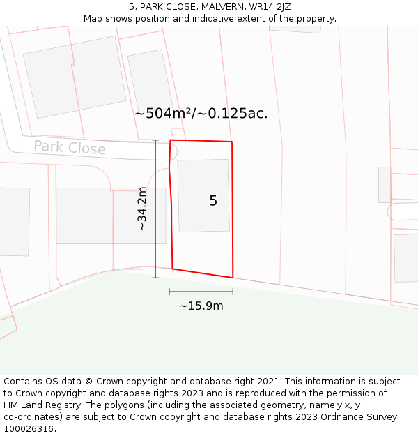 5, PARK CLOSE, MALVERN, WR14 2JZ: Plot and title map