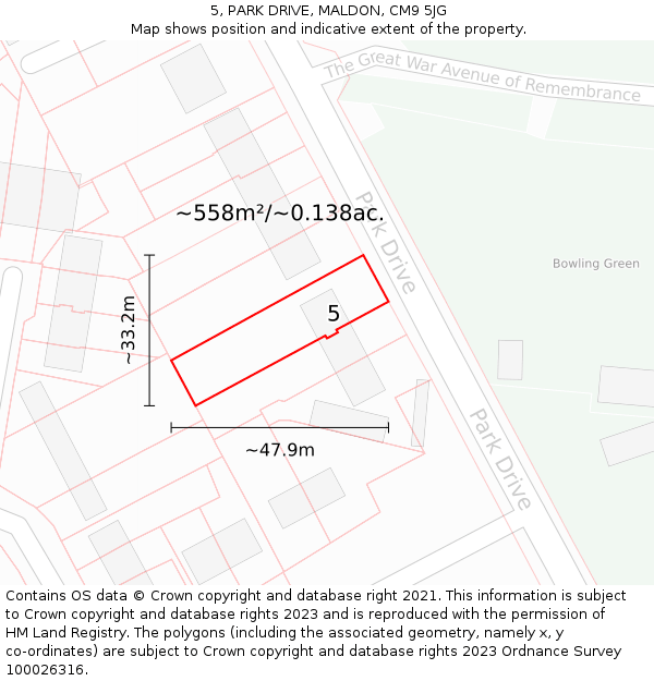 5, PARK DRIVE, MALDON, CM9 5JG: Plot and title map