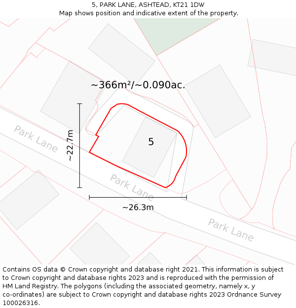 5, PARK LANE, ASHTEAD, KT21 1DW: Plot and title map