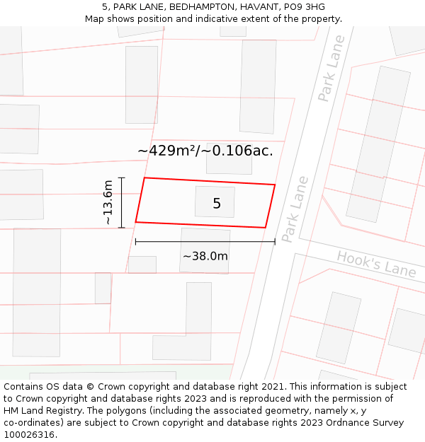 5, PARK LANE, BEDHAMPTON, HAVANT, PO9 3HG: Plot and title map