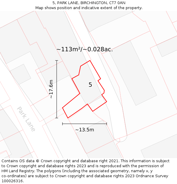 5, PARK LANE, BIRCHINGTON, CT7 0AN: Plot and title map