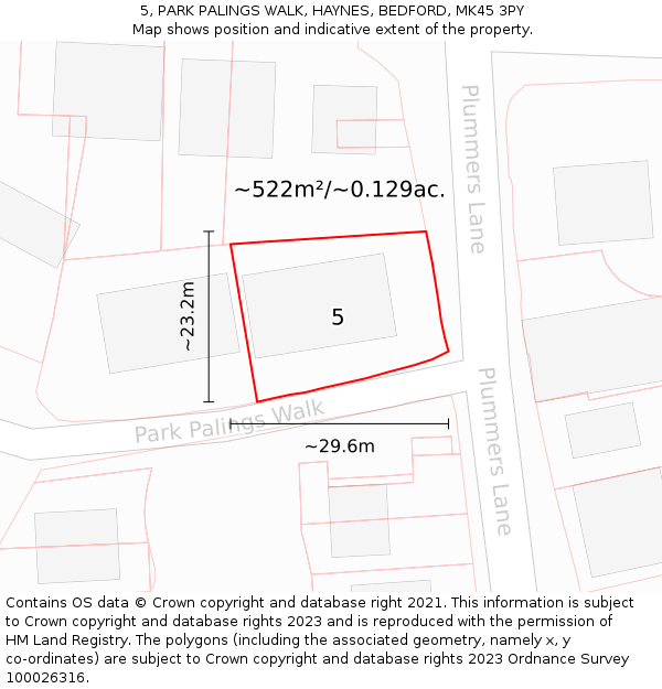5, PARK PALINGS WALK, HAYNES, BEDFORD, MK45 3PY: Plot and title map