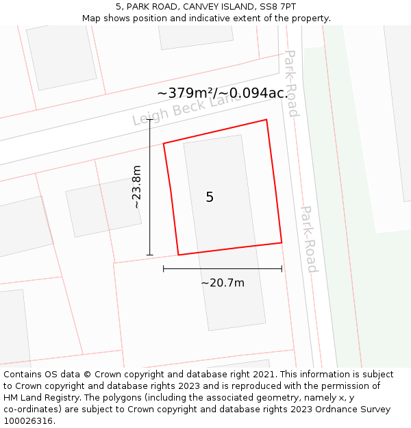 5, PARK ROAD, CANVEY ISLAND, SS8 7PT: Plot and title map