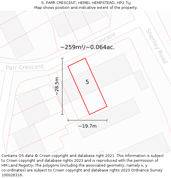 5, PARR CRESCENT, HEMEL HEMPSTEAD, HP2 7LJ: Plot and title map